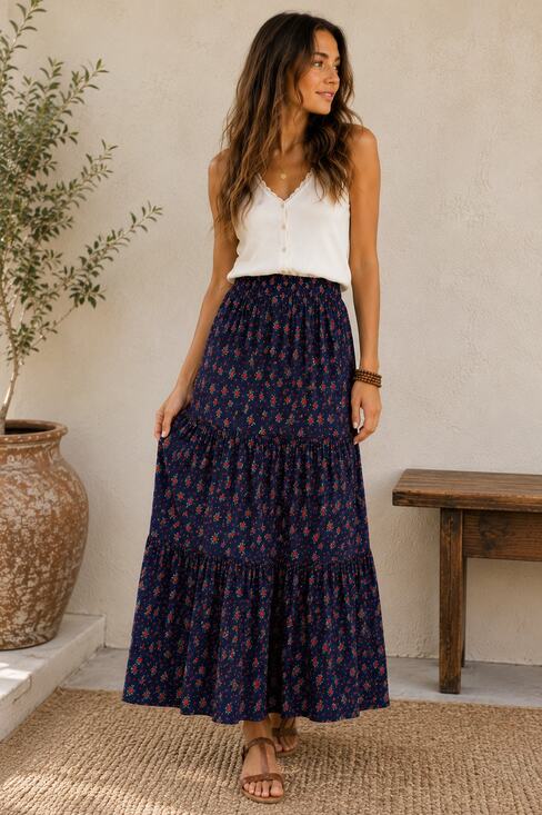 aerie Dresses & Skirts - Aerie Floral Navy Tiered Maxi Skirt Comfort Waist Boho